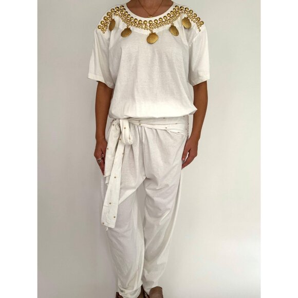 80s white embellished gold seashell retro loose cotton pant one piece jumpsuit - Picture 2 of 10